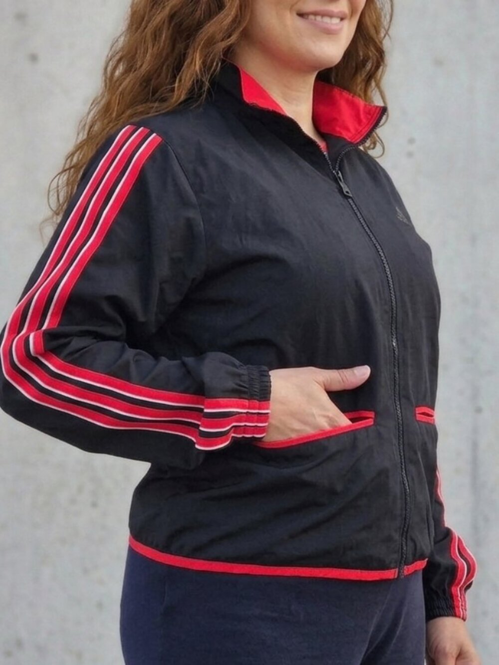 Adidas jacket black red 3 stripes women M